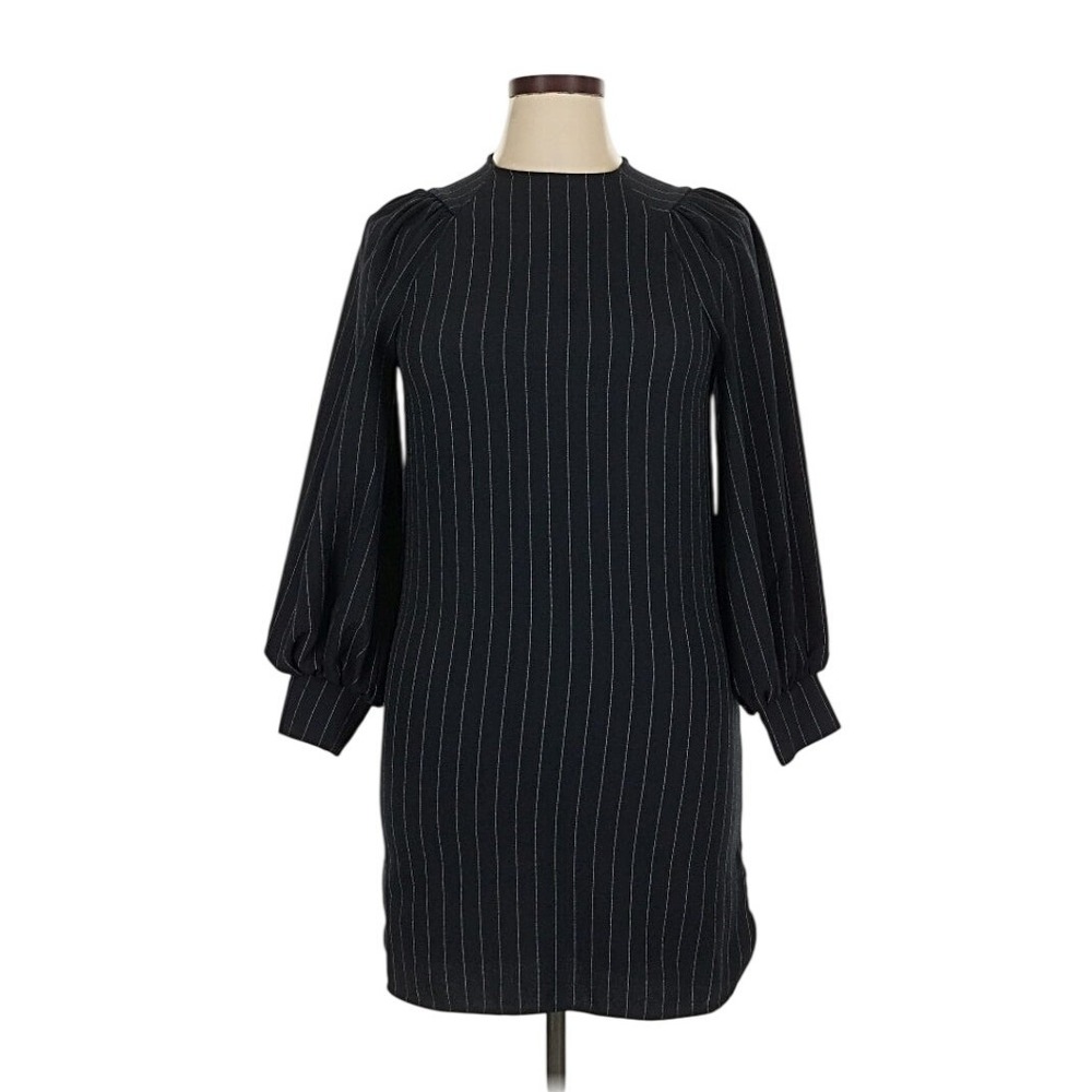 Ganni Pinstripe Balloon Sleeve Dress Black White Size 34 Puff Sleeve Shift - Picture 2 of 12